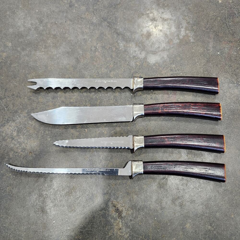 Vintage Amway Frontier Forge USA Knife Set of 4 Stainless Steel Bakelite Antler